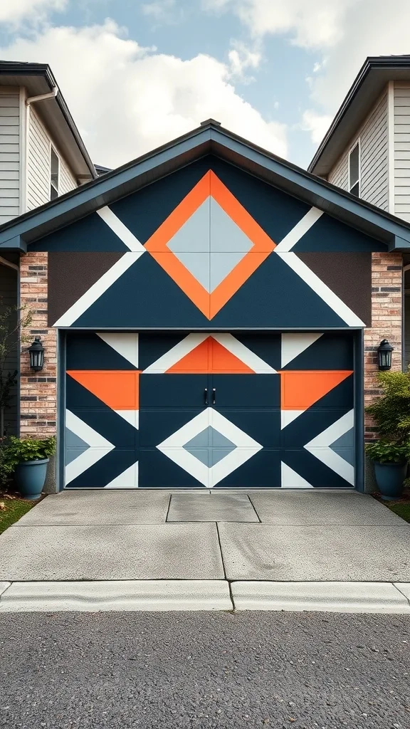 A garage door featuring bold geometric patterns in orange, blue, and white, creating a vibrant and modern aesthetic.