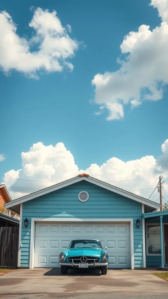A charming garage with a breezy sky blue exterior and a vintage car parked in front, set against a clear blue sky with fluffy white clouds.