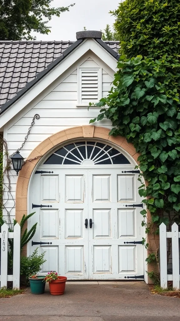 Charming arched garage door with plants and potted flowers