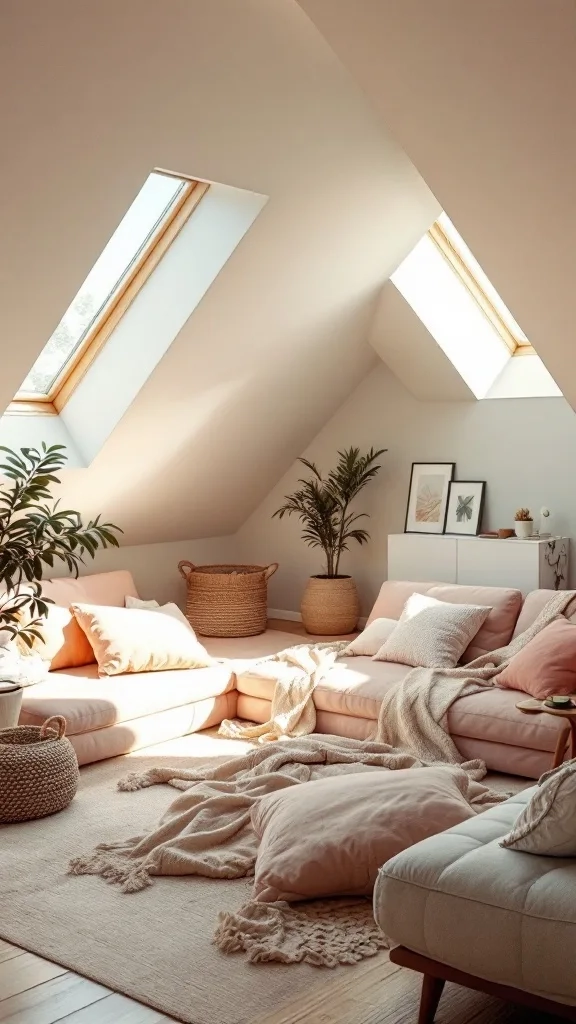 Cozy attic apartment with light pink and neutral tones, featuring large windows and plants.