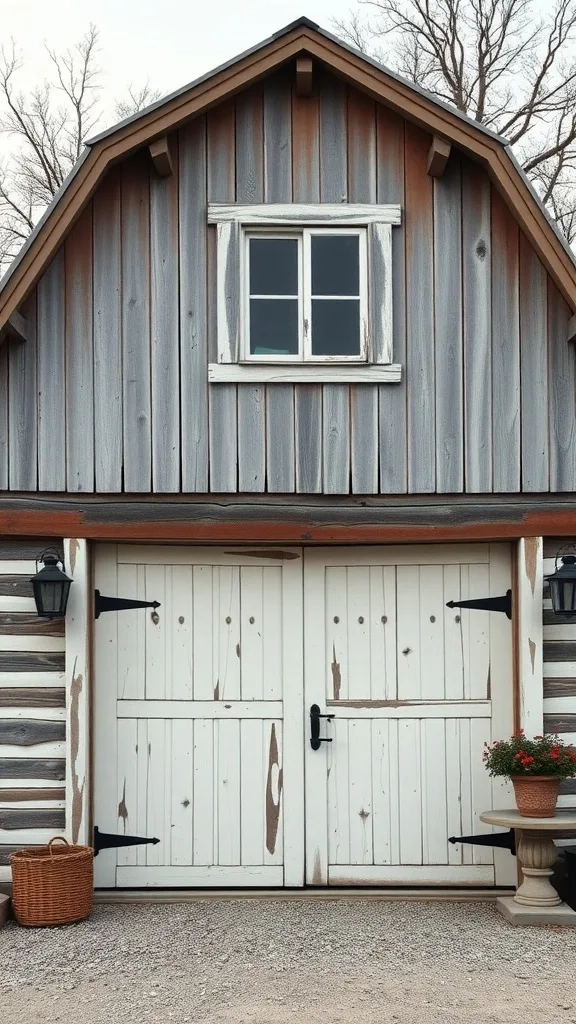 A vintage-style country farmhouse garage with gray wooden siding, white doors, and a small window.