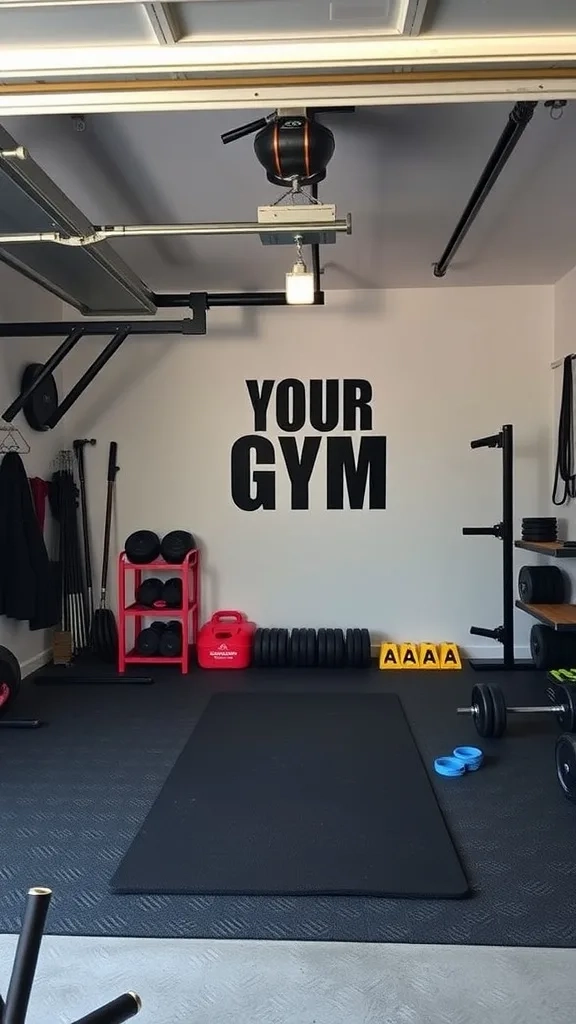A well-organized home gym in a garage with weights, a workout mat, and a bold 'YOUR GYM' sign on the wall.