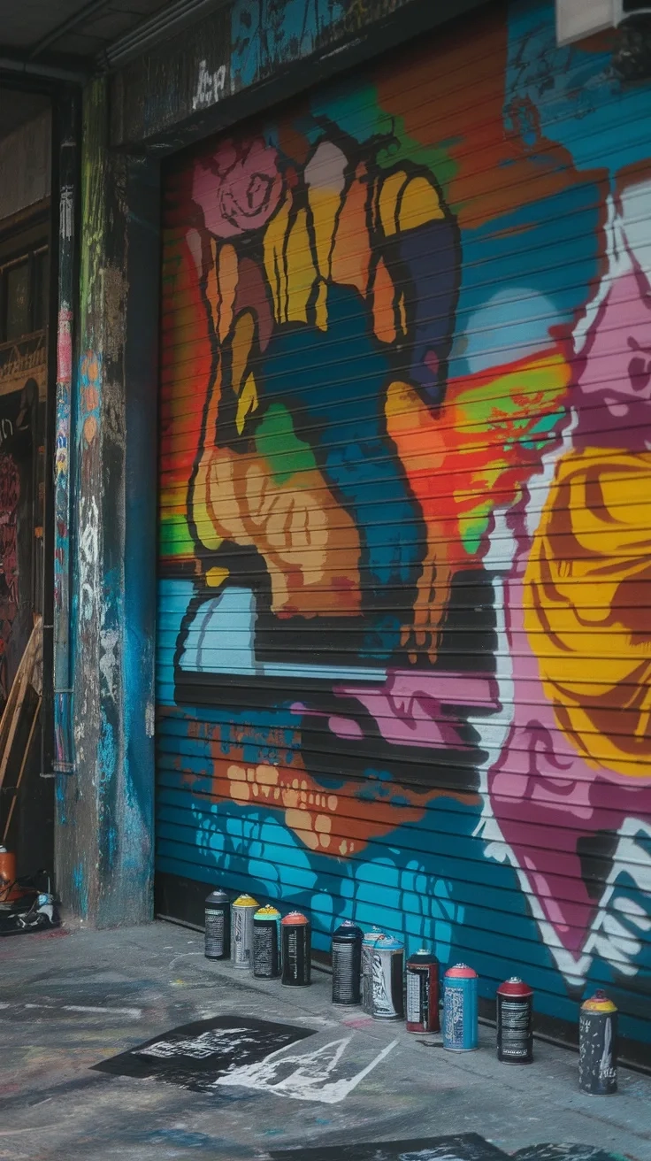 Colorful graffiti on a garage door with spray paint cans in front