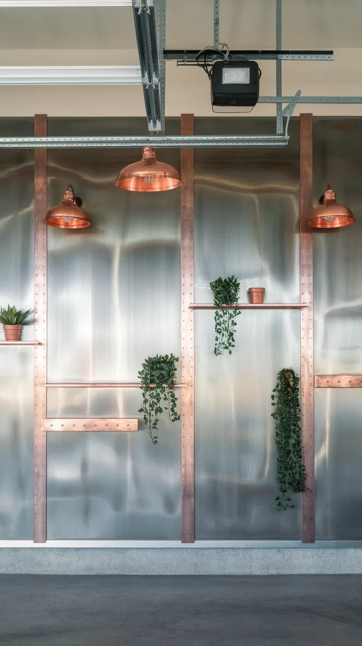 Garage wall with brushed metal finish, copper accents, and plants on shelves