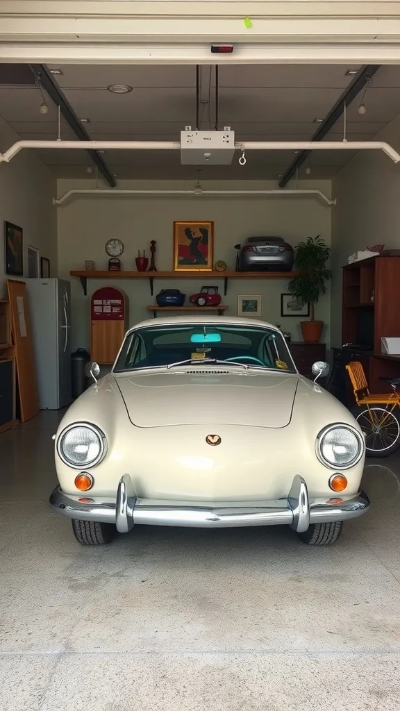 A vintage car showcased in a well-decorated garage with shelves, art, and lighting.