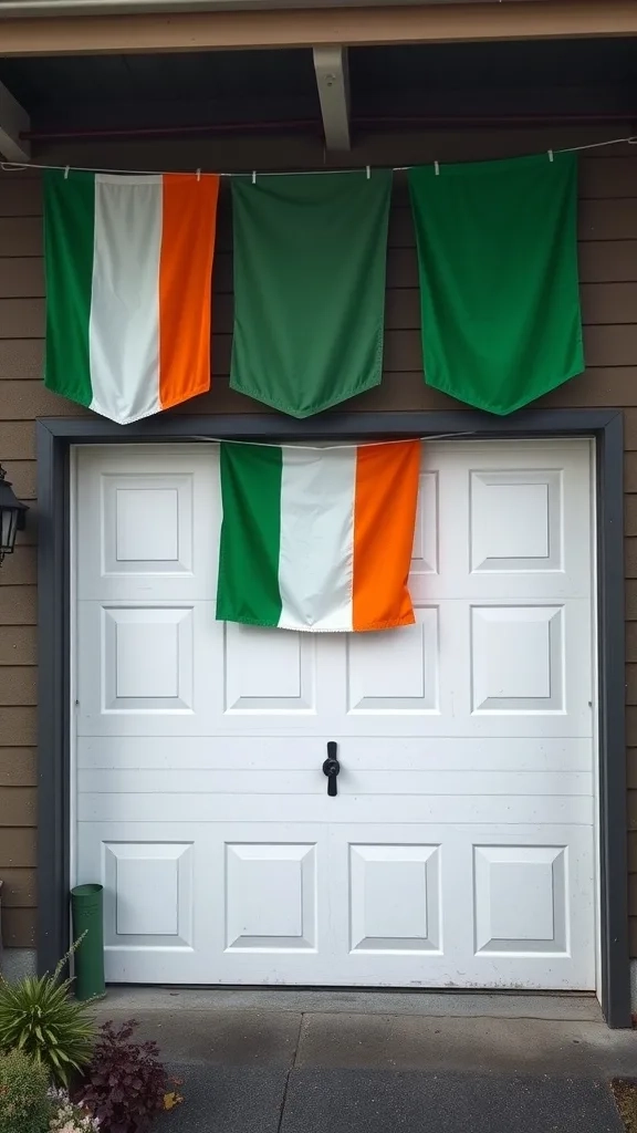Irish flag banners hanging on a garage door