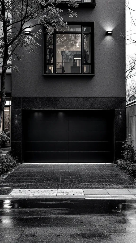 A modern black garage exterior with sleek walls and a polished floor.