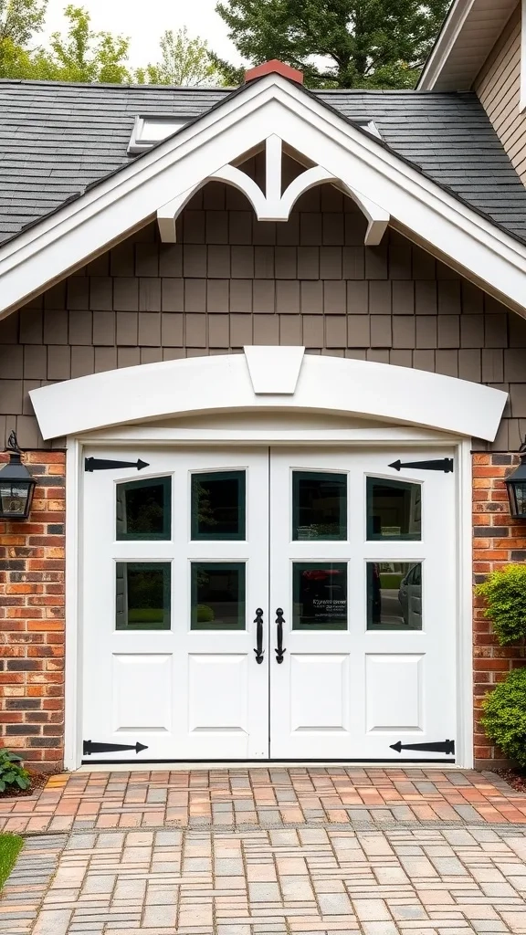 A charming white cottage-style garage door with paneled windows and decorative hardware.