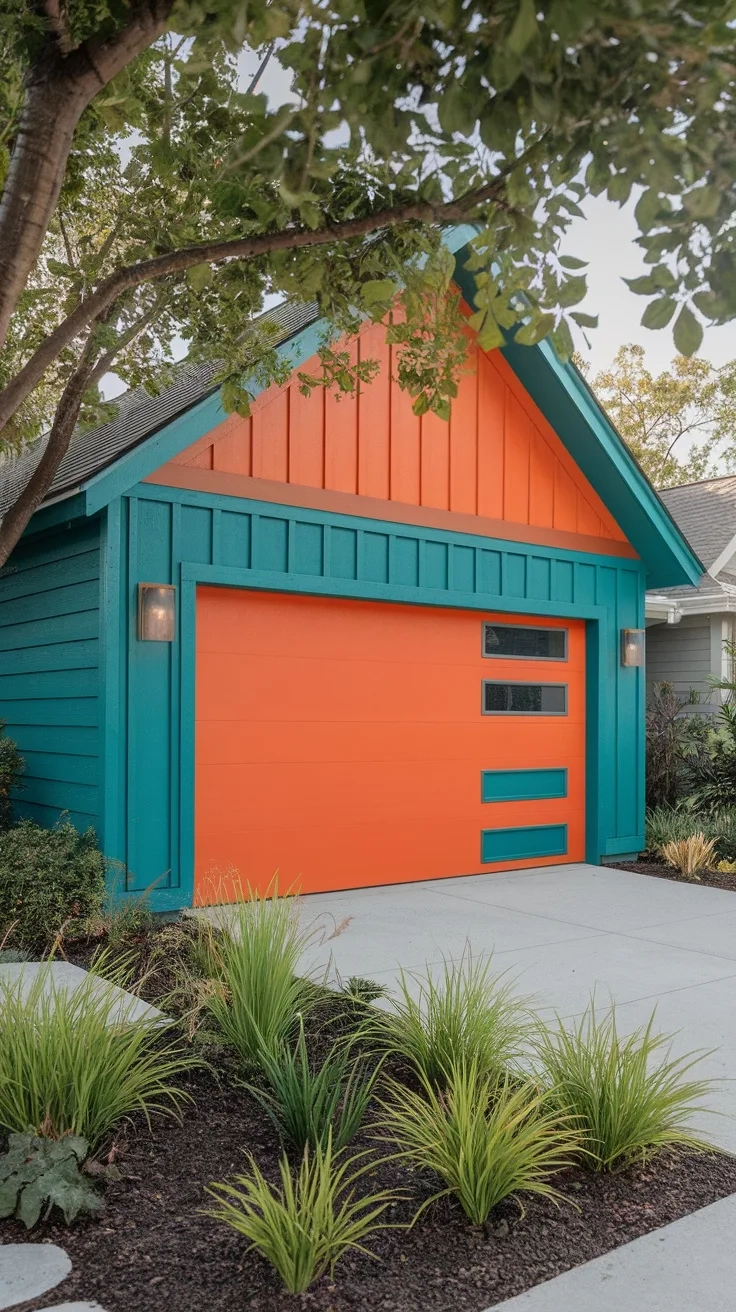 A bright orange and teal garage with modern design elements, surrounded by lush greenery.