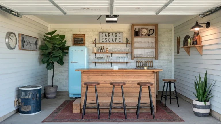 A photo of a garage turned into a creative mini bar. There's a wooden bar with a few stools. Behind the bar, there's a vintage fridge and a few shelves with glasses and bottles. There's also a potted plant and a sign that says 