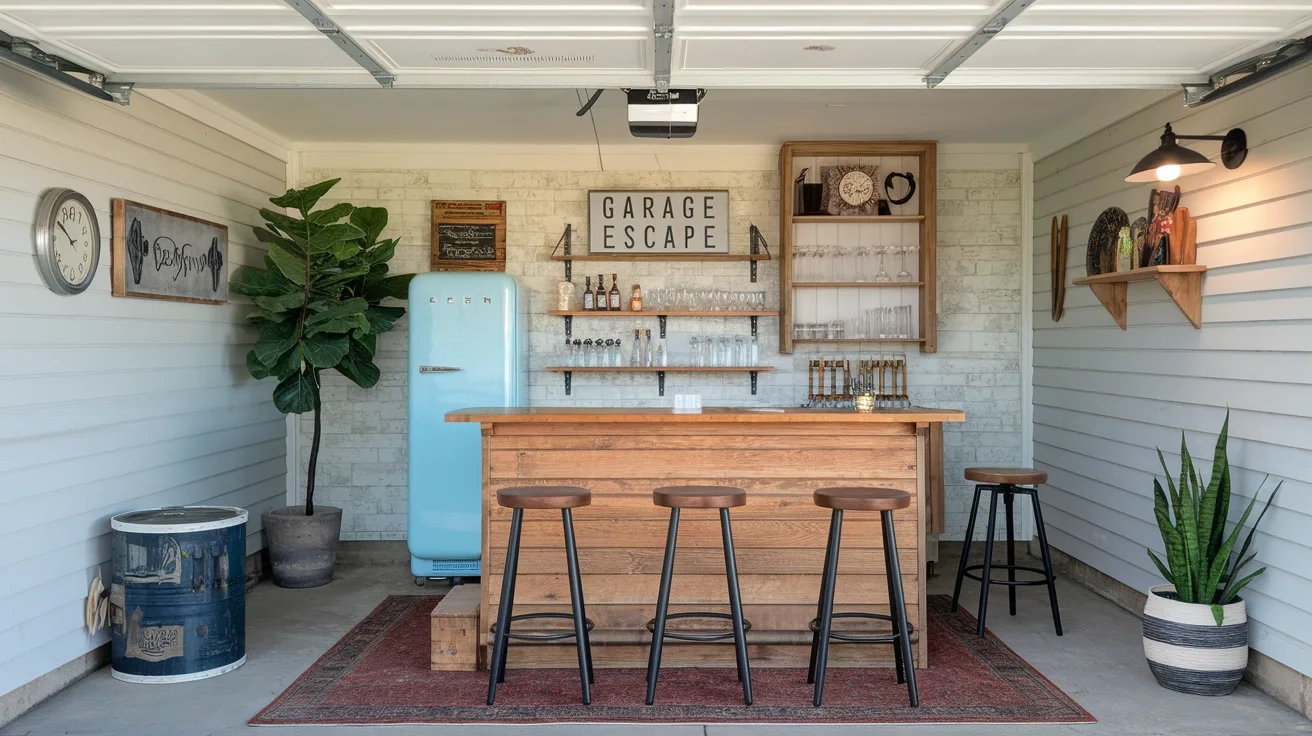 A photo of a garage turned into a creative mini bar. There's a wooden bar with a few stools. Behind the bar, there's a vintage fridge and a few shelves with glasses and bottles. There's also a potted plant and a sign that says 