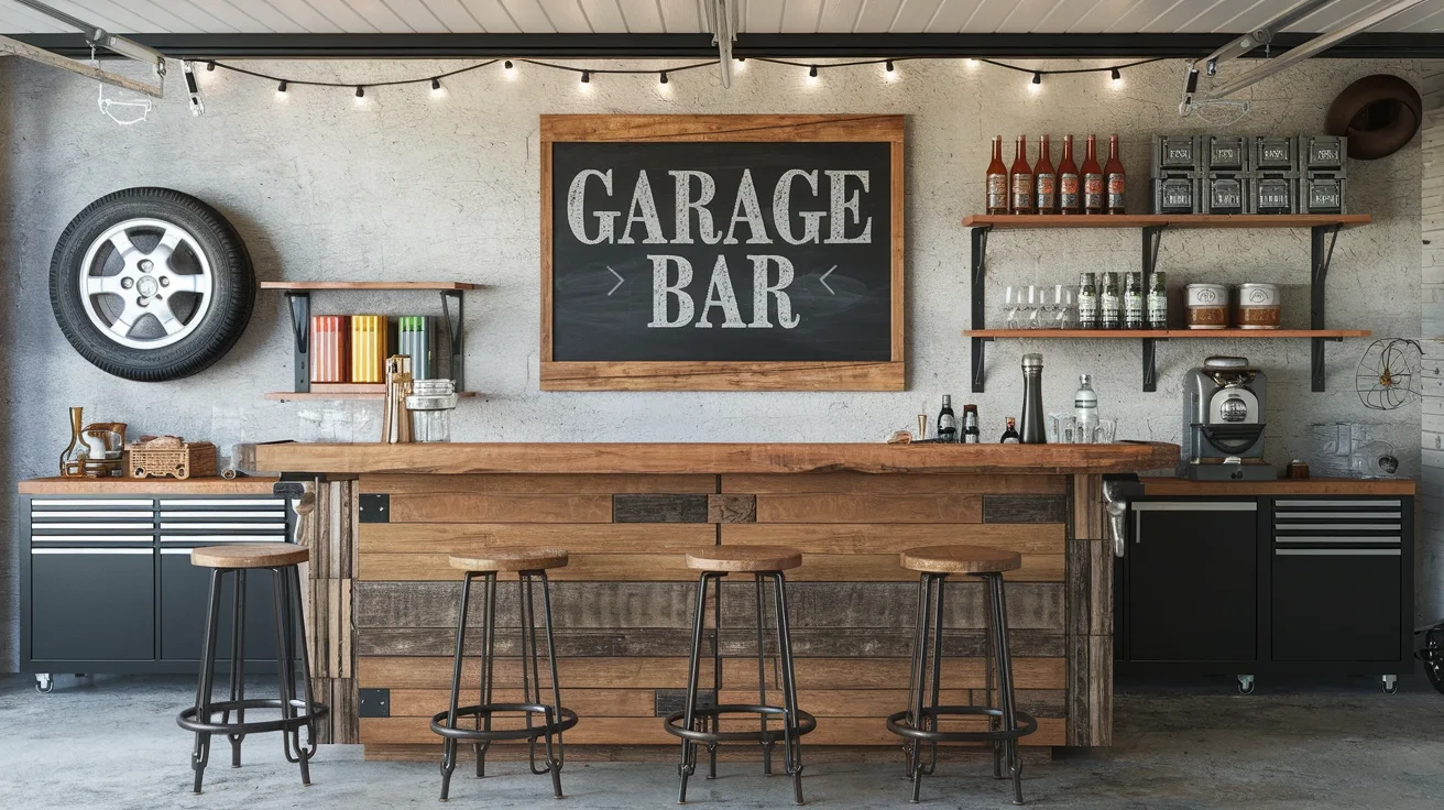 A garage bar with a rustic and industrial vibe. There's a wooden bar with a few stools. On the wall behind the bar, there's a chalkboard sign with the words 