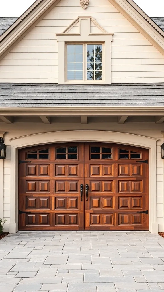Heritage style wooden garage door with paneling, enhancing farmhouse aesthetics