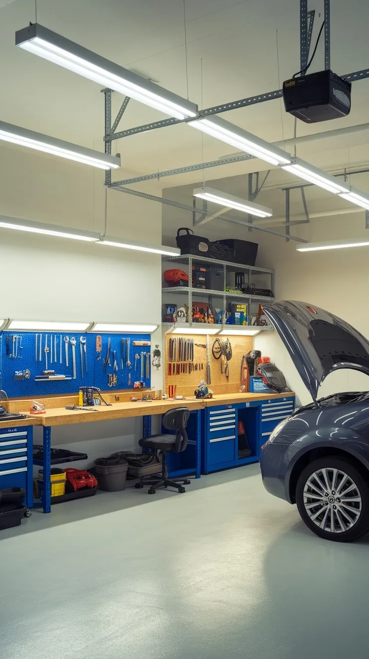 A well-lit garage workshop with organized tools and a car with the hood open