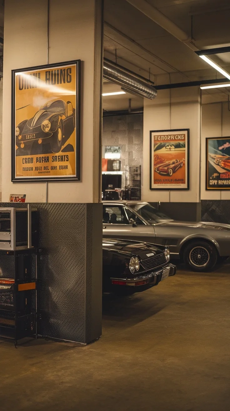 A garage with vintage car posters on the walls and classic cars parked.