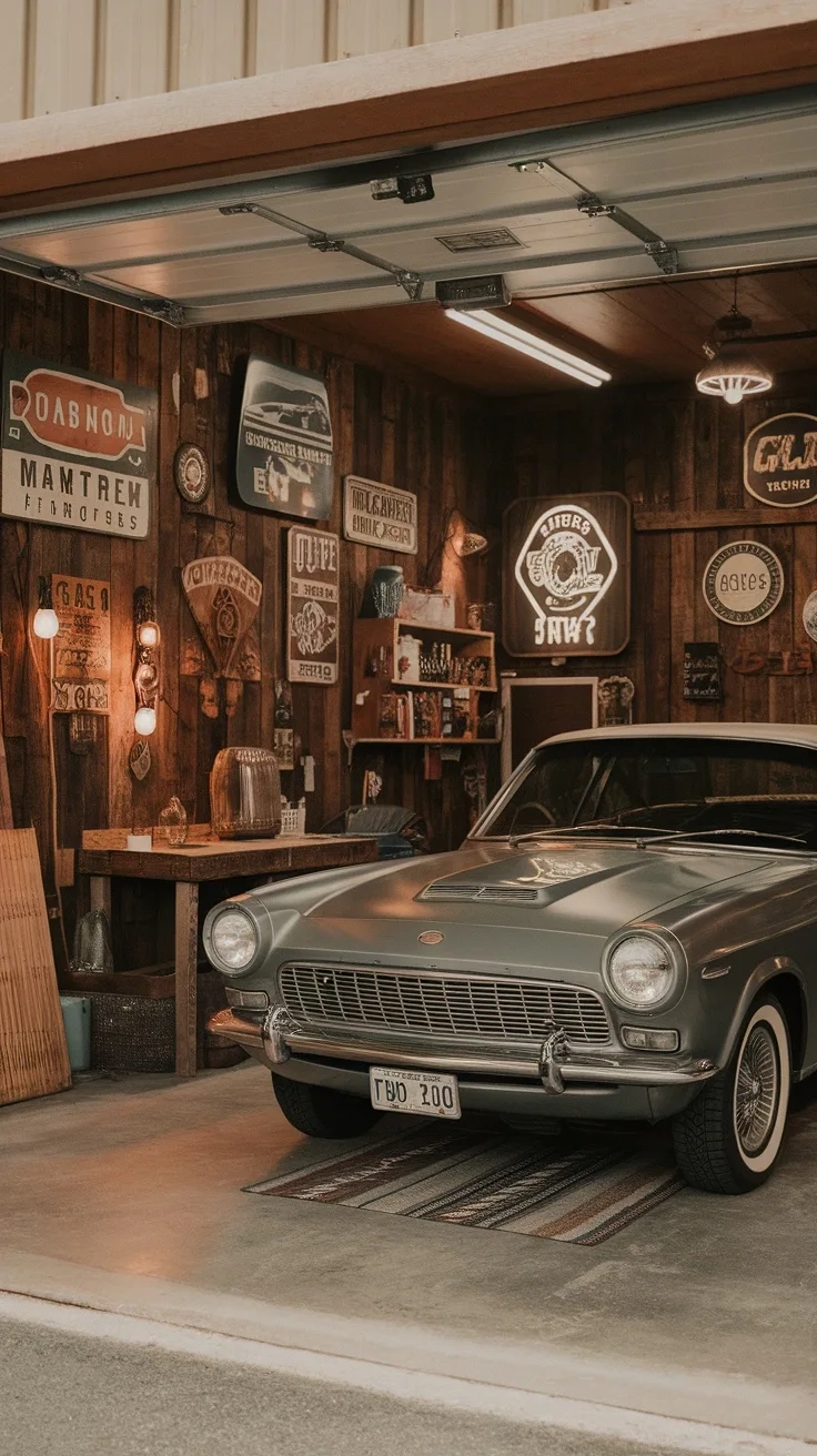 A retro garage featuring vintage signage on wooden walls and a classic car in front.