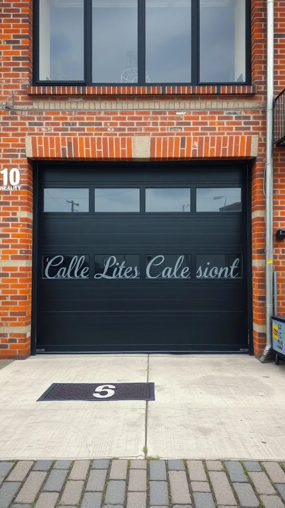 Black garage door with window accents and stylish lettering