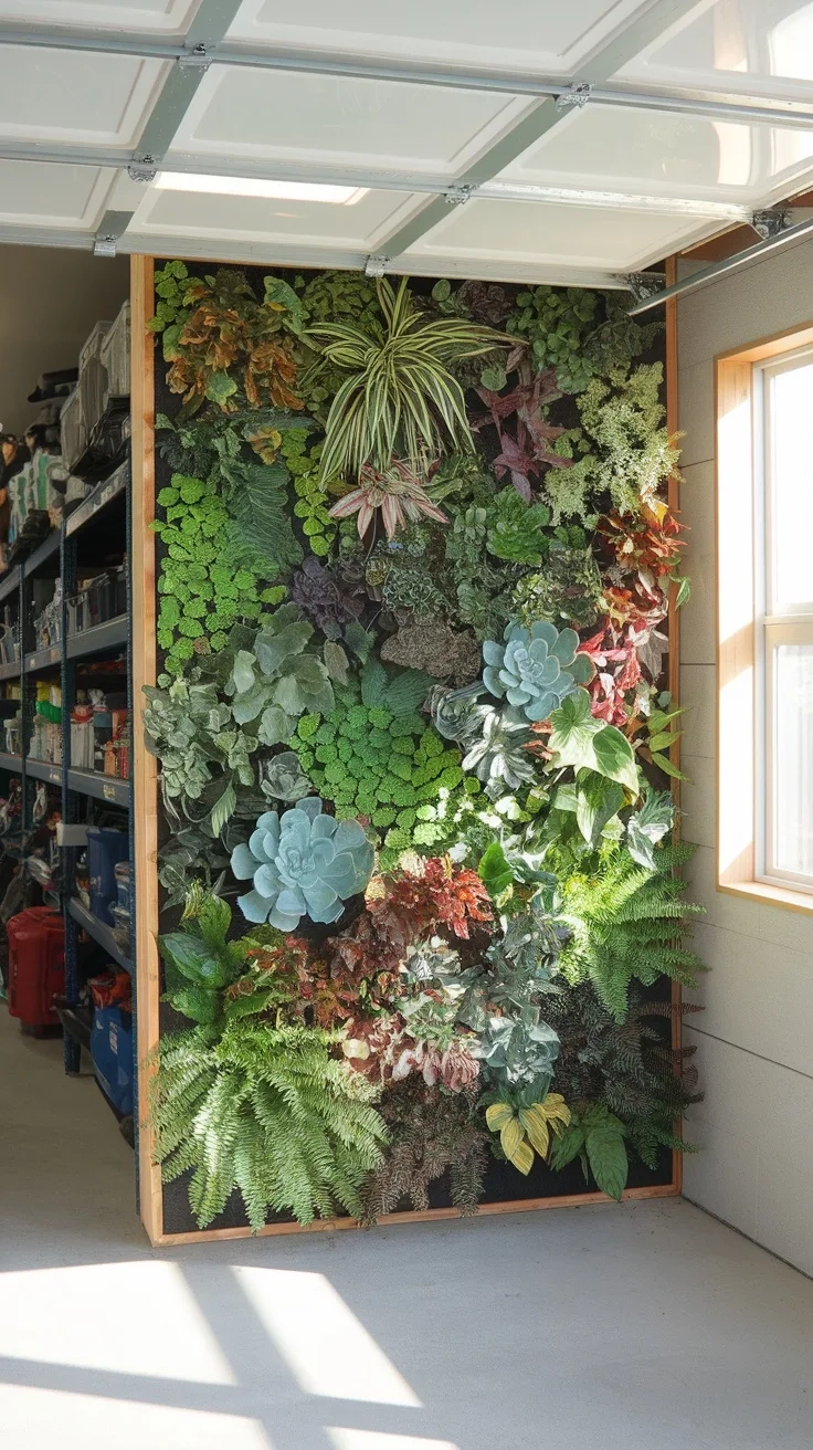 A vibrant living plant wall in a garage, showcasing various plants filling the space with greenery.