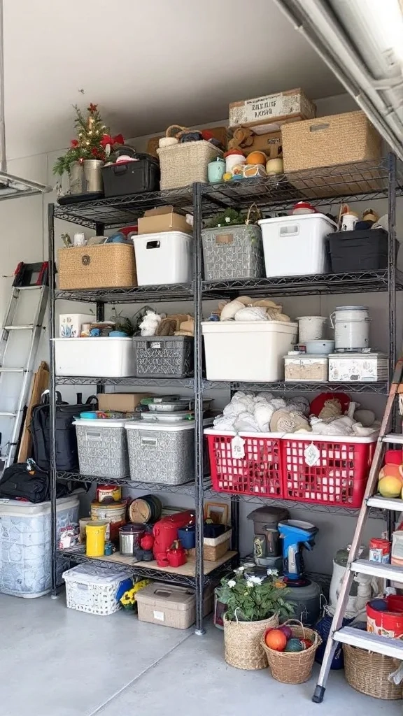 A well-organized garage with overhead storage, featuring bins and boxes for seasonal items.