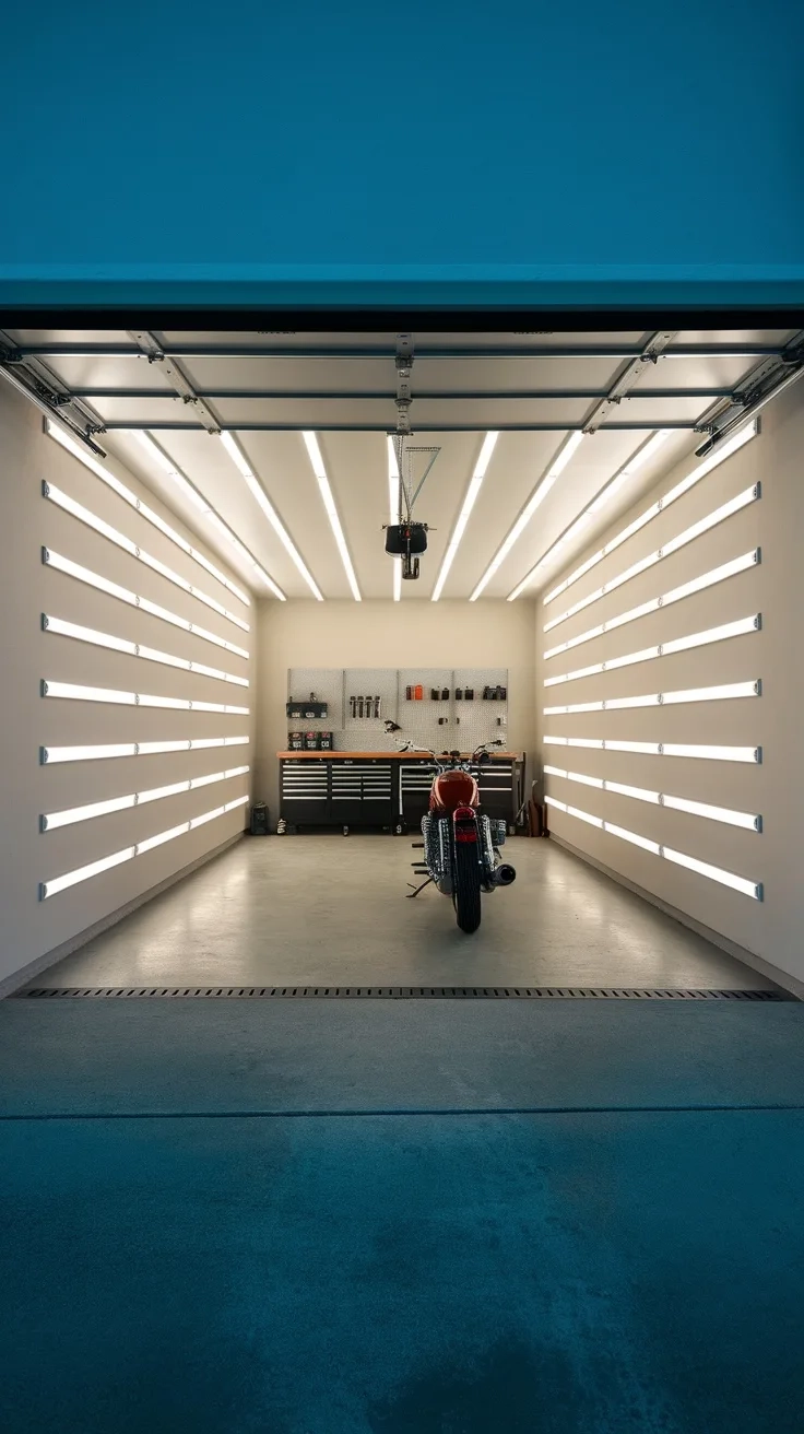 Interior of a modern garage with LED light strips illuminating the walls.