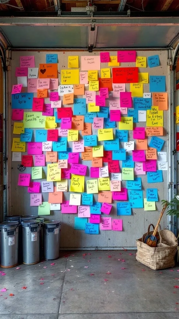 A wall covered with colorful sticky notes, each displaying various love messages and memories.