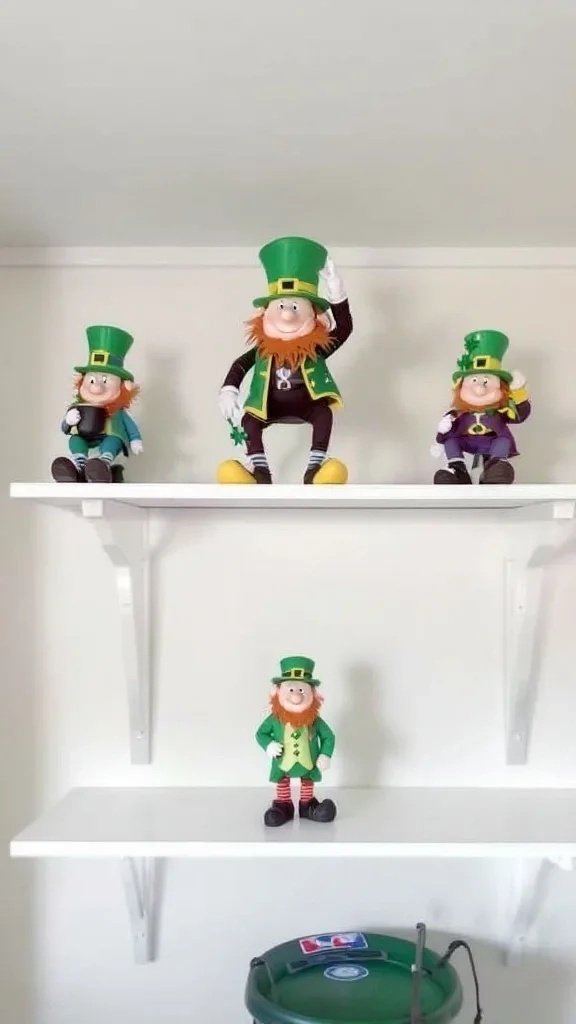 Leprechaun figures displayed on shelves in a garage.