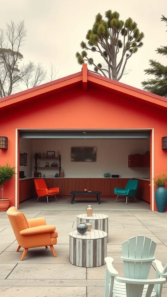 Mid-century modern garage with bold orange exterior and contemporary seating