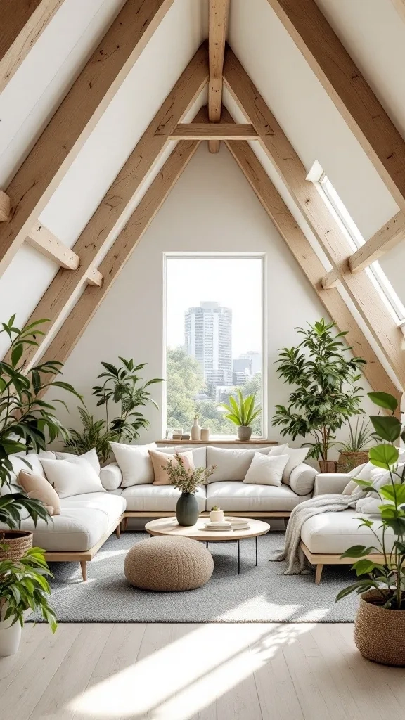 A minimalist attic apartment with wooden beams, a light sofa, and plants, creating a clean and airy environment.