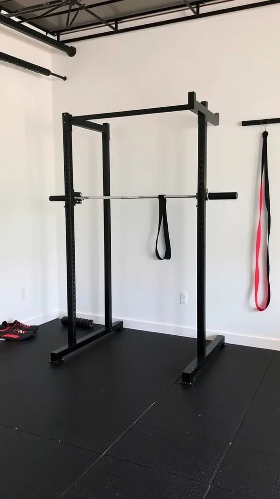 Minimalist one-car garage gym with black theme, featuring a rack and fitness accessories.
