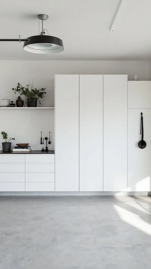 A modern minimalist garage with clean designs and neutral colors.