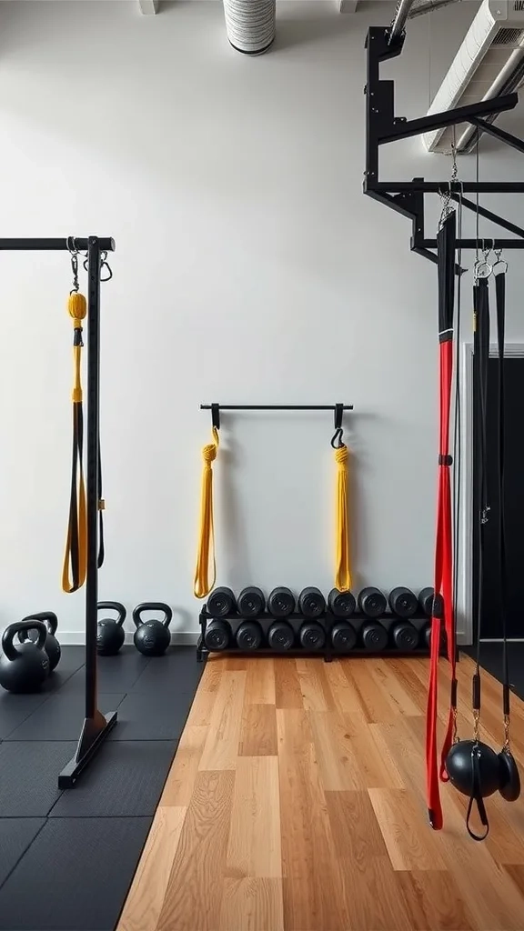 One-car garage gym layout featuring ceiling storage and suspended equipment