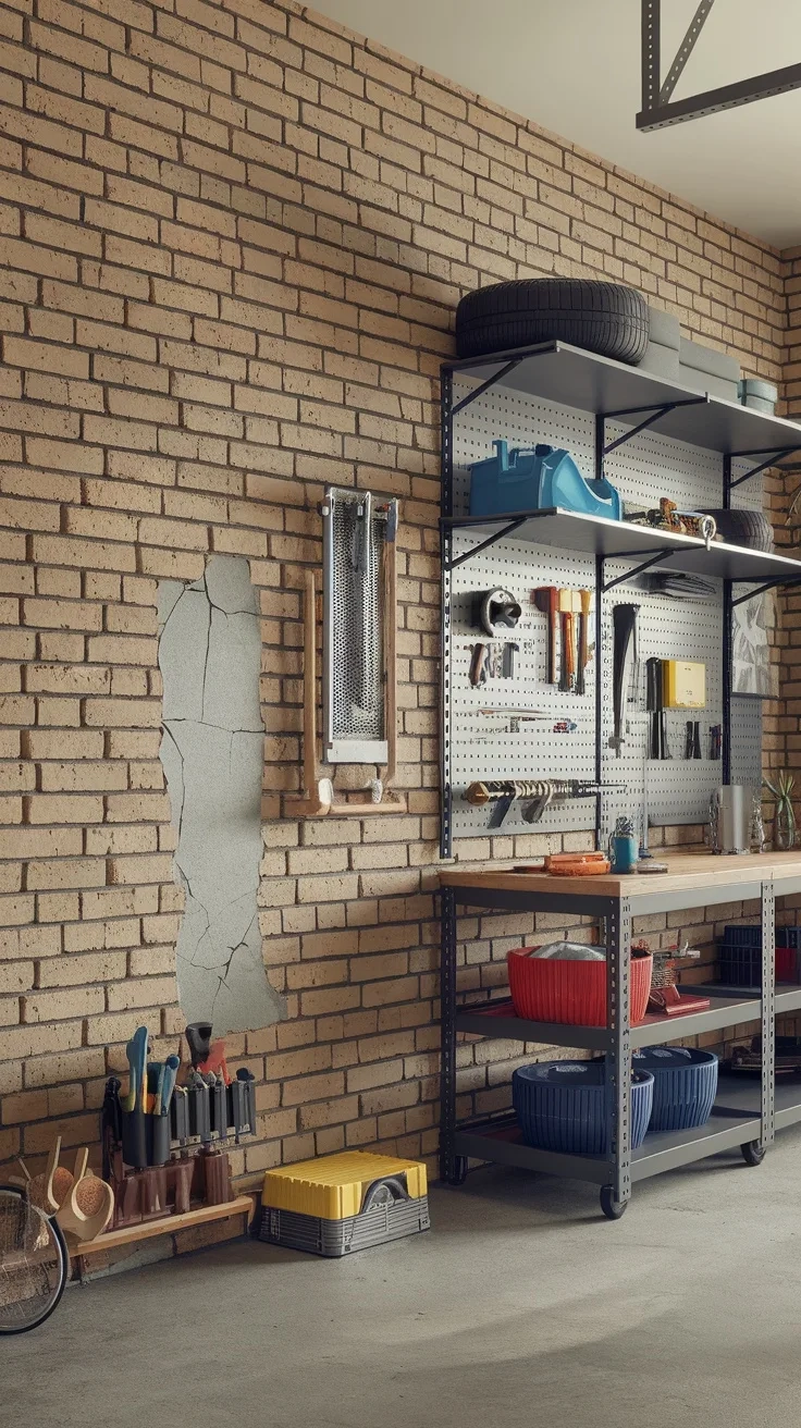 A garage wall featuring brick veneer, tools on shelves, and a unique cracked section.