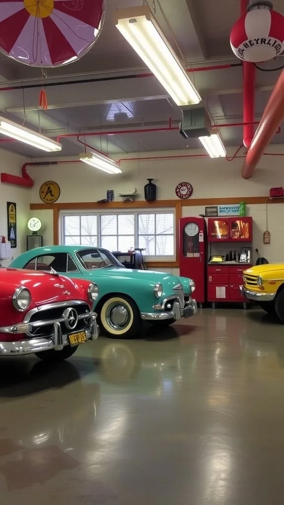 A retro garage setup inspired by the 1950s aesthetic