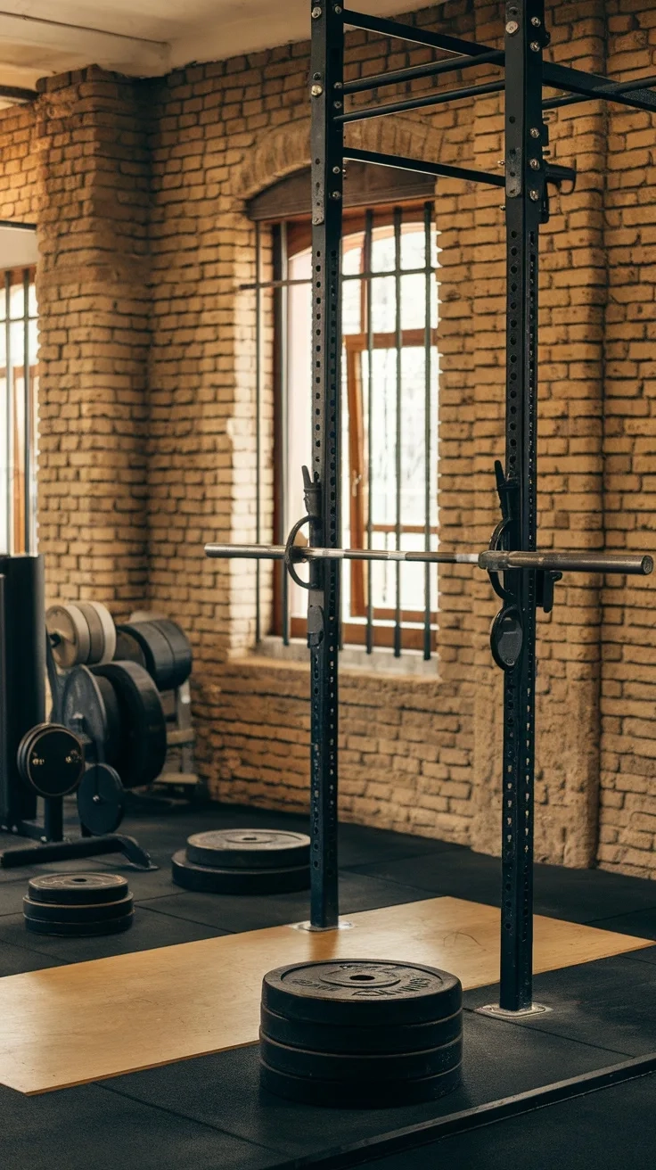 A rustic industrial one-car garage gym featuring exposed brick walls, weights, and a wooden bench.
