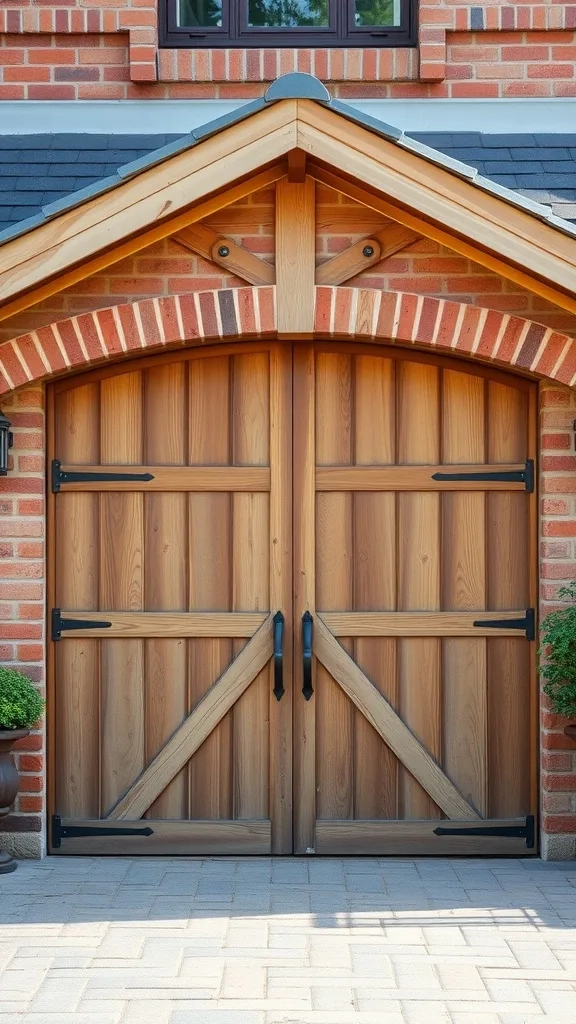 Rustic wooden garage door with black hardware on a brick house