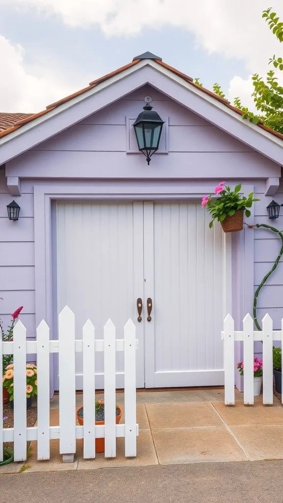 A garage exterior painted in soft lavender with white accents and a picket fence.