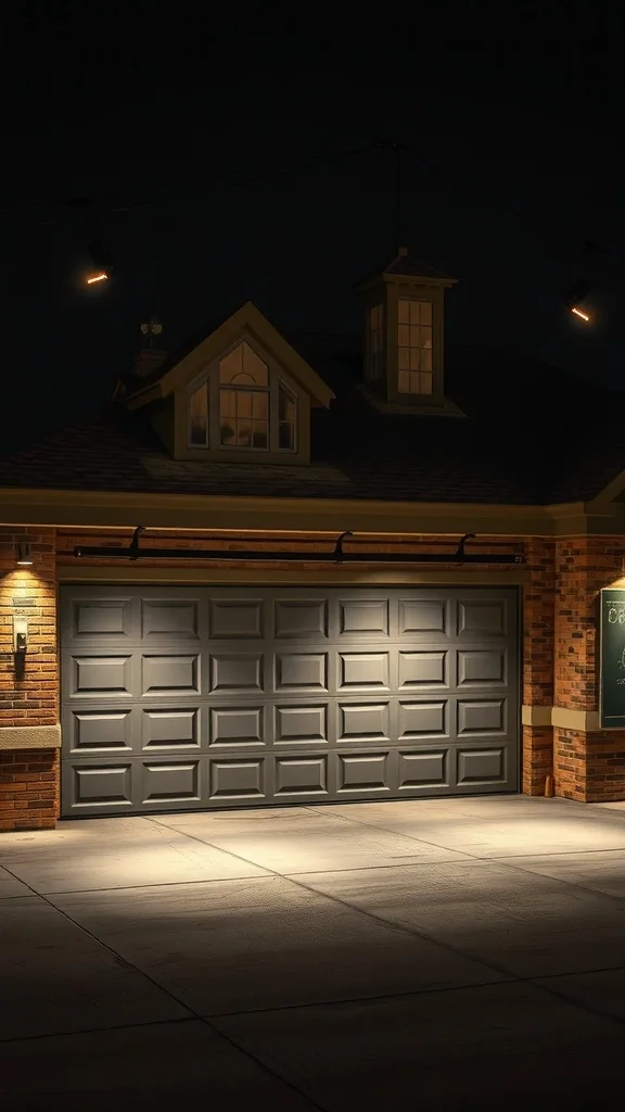 A well-lit garage showcasing architectural details with spotlights.