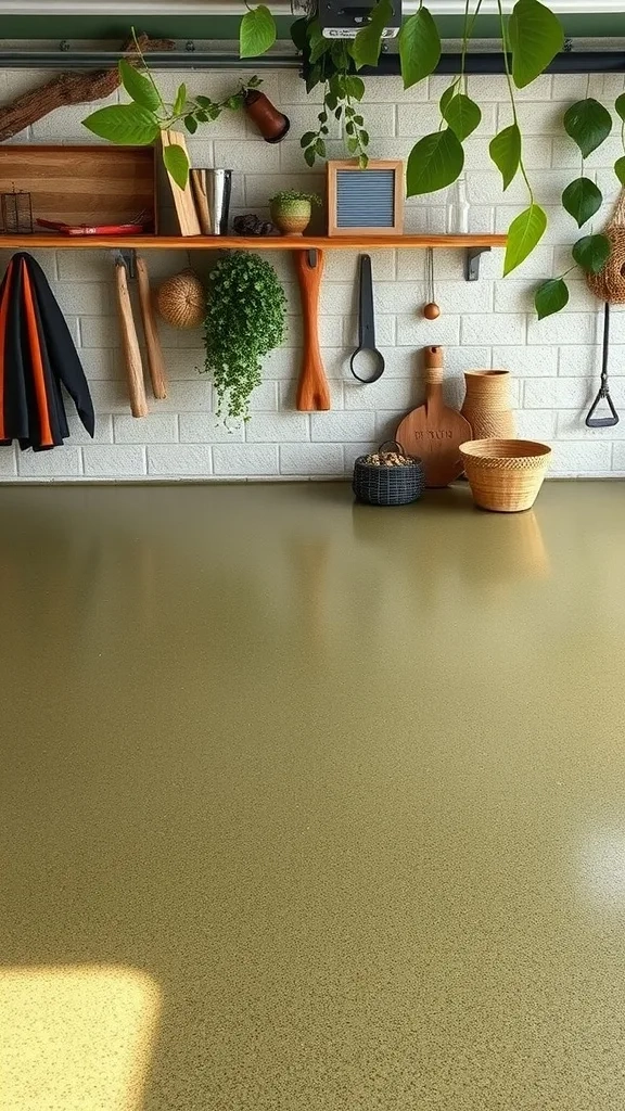 A garage floor with a subtle olive green epoxy finish, surrounded by wooden shelves and plants.