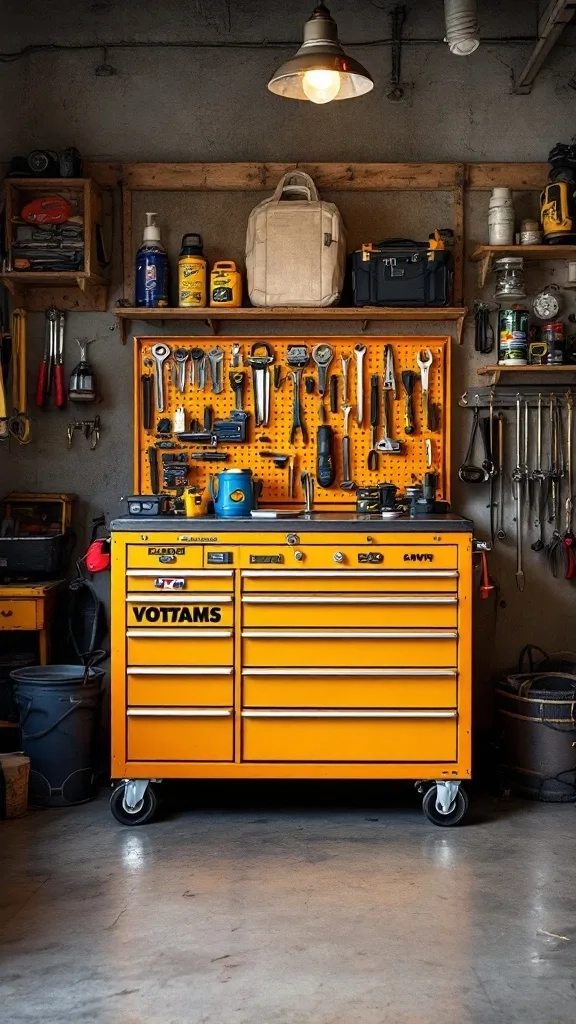 A bright yellow tool chest in a garage, surrounded by organized tools and a pegboard.