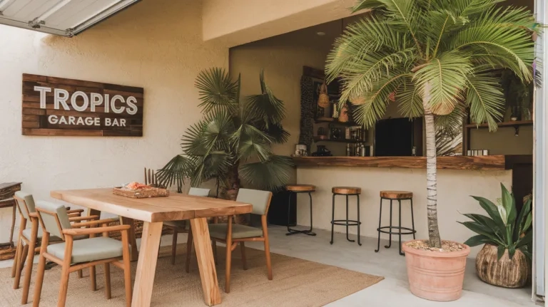 A tropical garage bar with a wooden sign that says 