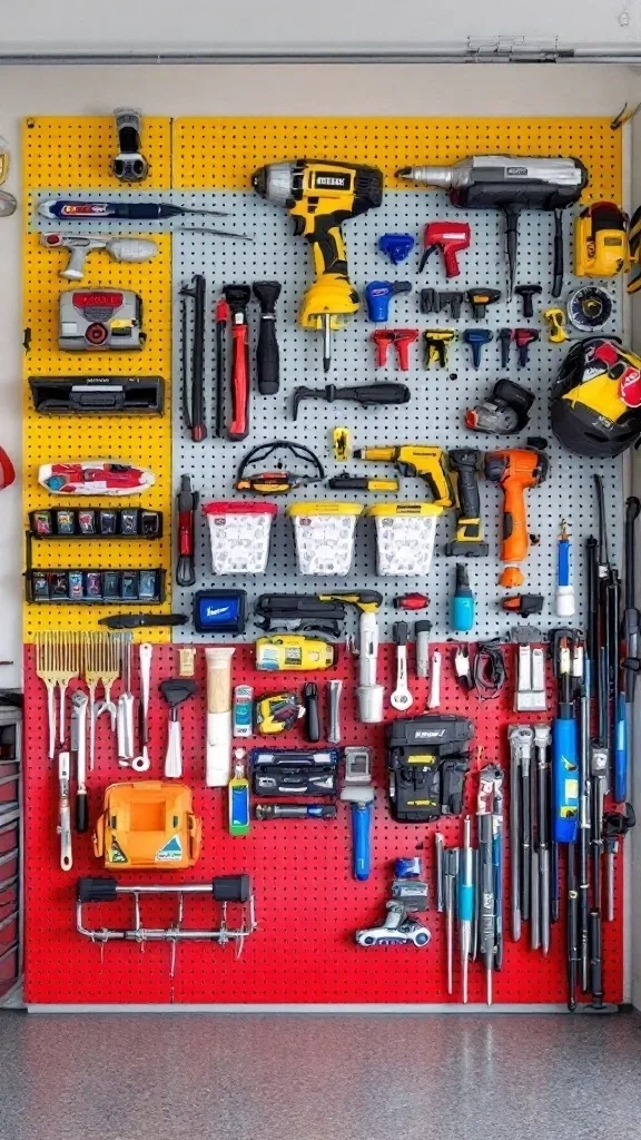 Colorful pegboard with organized tools in a garage setting