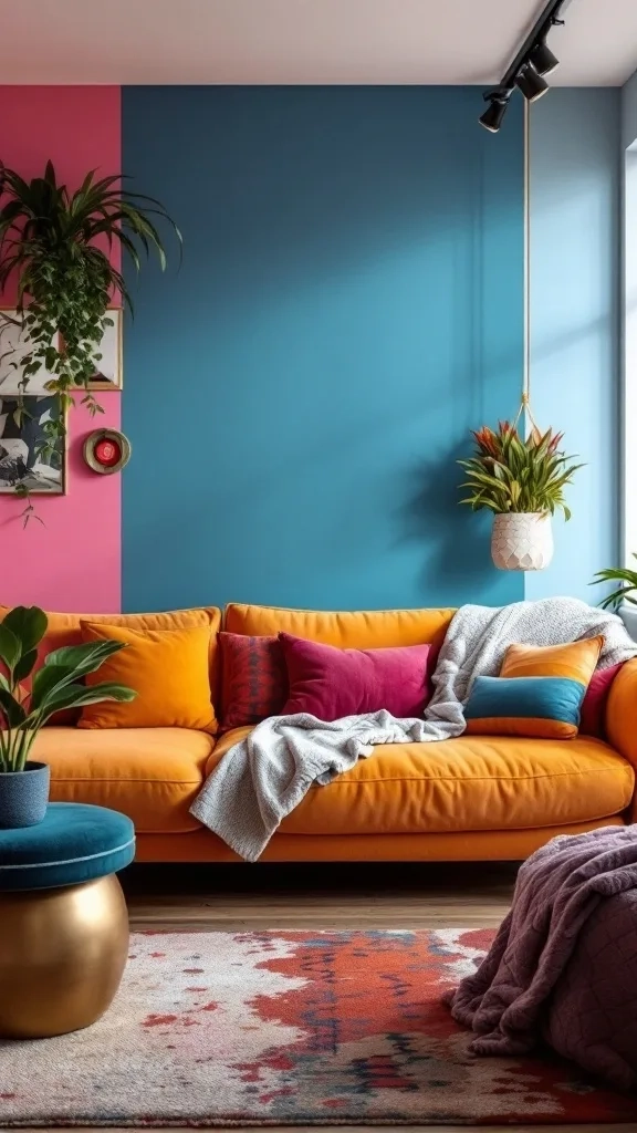 Vibrant living area with an orange sofa, blue and pink walls, and plants