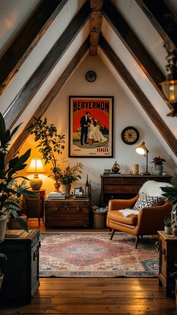 A cozy attic apartment featuring vintage decor with wooden beams, an orange leather chair, and various plants.