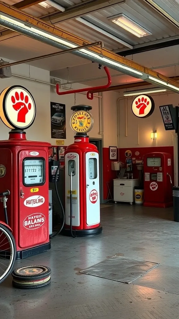 A vintage gas station garage showcasing retro aesthetics with bright colors and classic signage.