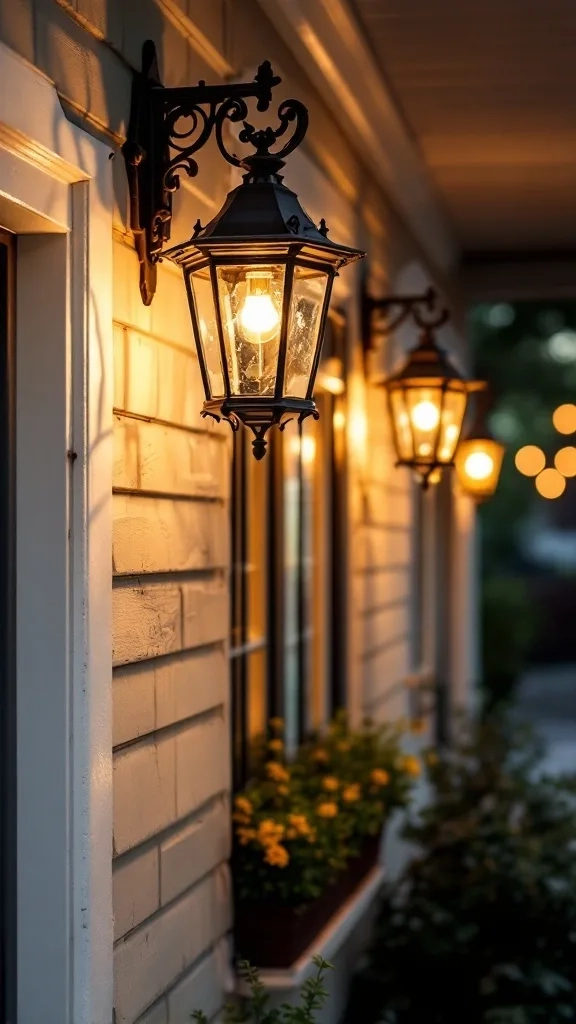 A vintage lantern style light fixture hanging in an archway, adding charm to the garage exterior.