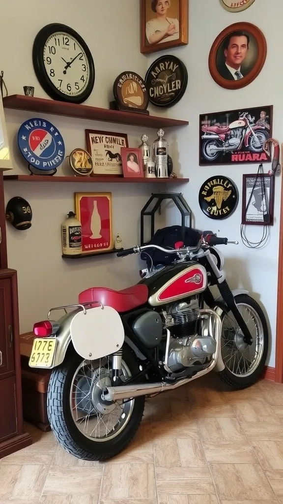 A vintage motorcycle displayed in a cozy garage corner with memorabilia on the walls.