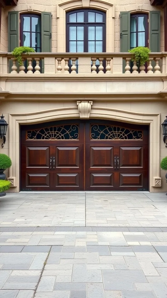Elegant vintage style garage doors with intricate design, surrounded by green plants and classic architecture