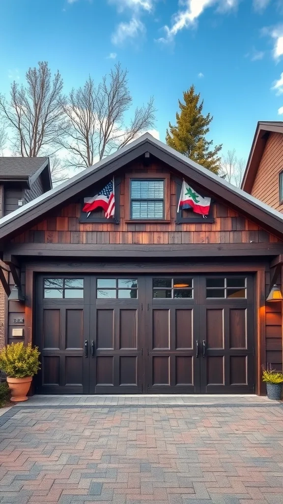 Garage painted in warm chocolate brown with wooden doors and flags displayed