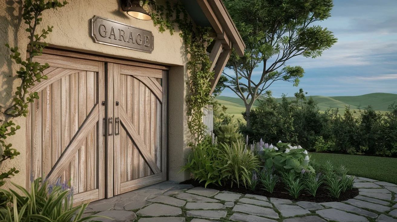 A garage entrance with a rustic design. There is a wooden door with weathered paint and a vintage metal sign above it. The sign has the text 