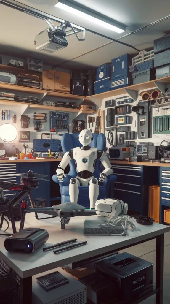 A garage filled with technology. There's a robot with a human face sitting on a chair in the background. In the foreground, there's a table with various gadgets, including a drone, a virtual reality headset, and a 3D printer. The walls are covered with shelves filled with more gadgets and tools. The lighting is bright.